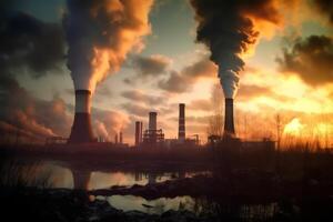 industry metallurgical plant dawn smoke smog emissions bad ecology aerial photography. photo