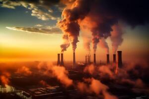 industry metallurgical plant dawn smoke smog emissions bad ecology aerial photography. photo