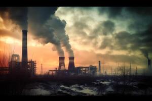 industry metallurgical plant dawn smoke smog emissions bad ecology aerial photography. photo