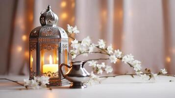 plata brillante marroquí linterna con blanco flores, prunus árbol flores en el mesa antecedentes. iftar cena. Ramadán kareem saludo tarjeta, invitación. Eid. generativo ai foto