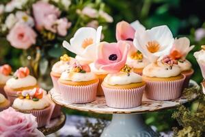 Cupcakes, cakes, scones and muffins and holiday decoration outdoors at the English country style garden, sweet desserts for wedding, birthday or party celebration, photo