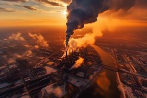 industry metallurgical plant dawn smoke smog emissions bad ecology aerial photography. photo