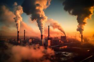 industry metallurgical plant dawn smoke smog emissions bad ecology aerial photography. photo