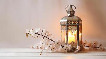 Glowing Moroccan lantern with prunus tree blossoms on table. photo