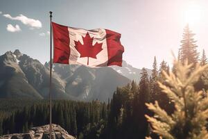 Canada flag on right side and beautiful Canadian landscapes, closeup with copy space. photo