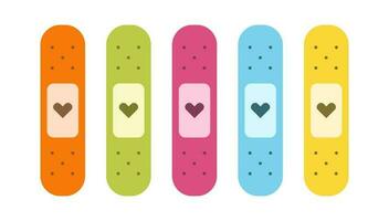 Flat cute set of band aids illustrations with hearts. vector
