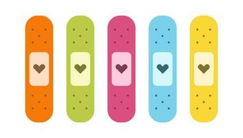 Flat cute set of band aids illustrations with hearts. vector