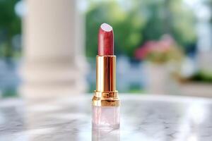 Luxurious pink lipstick in golden tube on marble, beauty cosmetic and luxury make-up product, photo