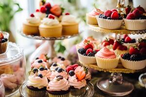 Cupcakes, cakes, scones and muffins and holiday decoration outdoors at the English country style garden, sweet desserts for wedding, birthday or party celebration, photo