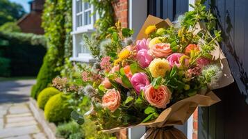 flor tienda entrega y fiesta regalo postal servicio, hermosa ramo de flores de flores en un casa peldaño en el campo, generativo ai foto