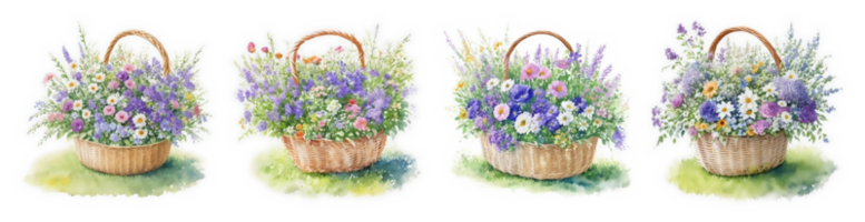 Wicker basket with colorful watercolor spring flowers png