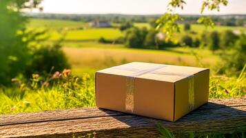 postal servicio, hogar entrega y en línea compras, paquete o empaquetar caja en el campo en un soleado día, generativo ai foto