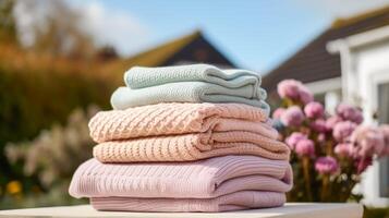 Laundry, housekeeping and homemaking, stack of clean and folded knitted clothes in the country house garden, photo