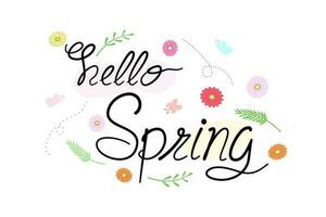 Vector - Lettering Hello Spring with flower, green leaves and cute butterfly.