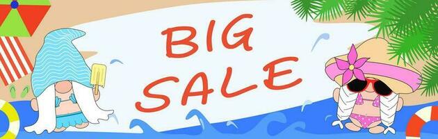 Vector - Banner Big Sale with Gnome on bikini with summer background.