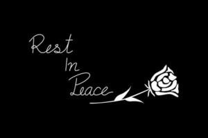 Vector - White wording Rest In Peace - RIP and symbol rose on black background. Simple style. End of life. Can be use for banner, card. Copy space.