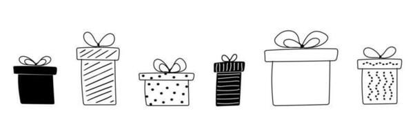 conjunto negro garabatear regalos icono. regalos con punto, a rayas blanco y rojo colores. vector ilustración.