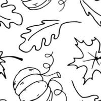 Seamless pattern line art Pumpkins and leaves. Vector image linear style. Black and white.