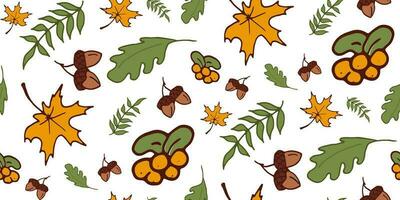 Seamless pattern autumn leaves, acorns, rowan berry, oak and rowan leaf. Vector repeating pattern.