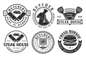 Set of the vintage restaurant, Butchery logo set. 6 Meat shop, b-b-q emblems. butchery shop, retro food labels, badges, insignia, logo. Hipster, Meat shop, butchery. Meat business logo templates. vector