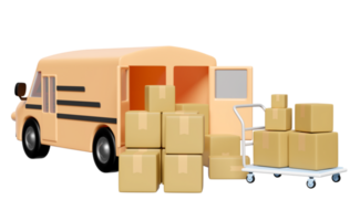 3d orange truck, delivery van with packaging, goods cardboard box, platform trolley isolated. service, transportation, shipping concept, 3d render illustration png