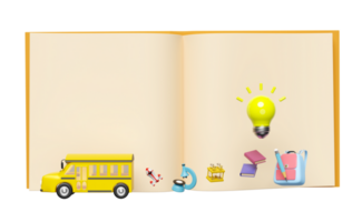 3d gul skola buss tecknad serie tecken ikon, transport studenter isolerat. ljus Glödlampa, Tillbehör med mikroskop, öppen bok, väska, penna, skola förnödenheter, tillbaka till skola 3d framställa png