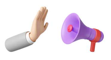 3d hand stop with megaphone isolated. Don't use the sound, 3d render illustration png