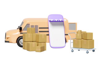 3d orange truck, delivery van with mobile phone, packaging, goods cardboard box, platform trolley isolated. service, transportation, shipping concept, 3d render illustration png