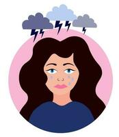 Psychological mental problem concept. Sad girl cry. Mental health, depression, stress and frustration. Flat vector illustration.