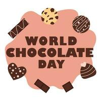 World chocolate day. Chocolate bar, candy, cookie, chocolate pieces. Vector flat illustration.