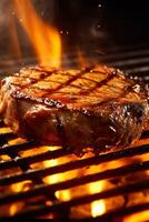 Meat beef steak grilled on fire, food bbq and hot grill, photo