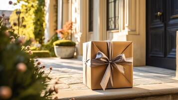 Elegant gift shop delivery, postal service and luxury online shopping, parcel box with a bow on a house doorstep in the countryside, photo