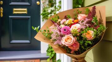 Flower shop delivery and holiday gift postal service, beautiful bouquet of flowers on a house doorstep in the countryside, photo