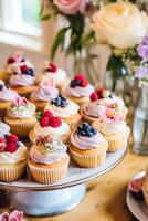 Cupcakes, cakes, scones and muffins and holiday decoration outdoors at the English country style garden, sweet desserts for wedding, birthday or party celebration, photo