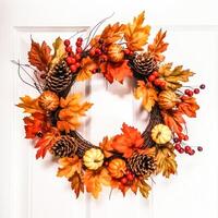 Autumn wreath as decoration on white door, welcoming autumn holiday season with autumnal decorations, photo