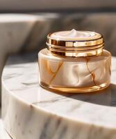 Luxury gold face cream jar on luxurious marble under golden sunlight at spa, beauty and skincare product, photo