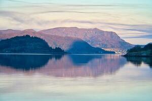 Fjord with view of mountains and fjord landscape in Norway. Landscape in Scandinavia photo