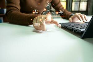 Person touching screen to fingerprint scanner, security access information, big data management concept, Internet of things, cloud computing, internet connection, shopping online and cashless society. photo