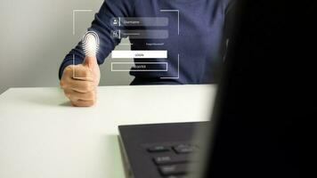 Person touching screen to fingerprint scanner, security access information, big data management concept, Internet of things, cloud computing, internet connection, shopping online and cashless society. photo
