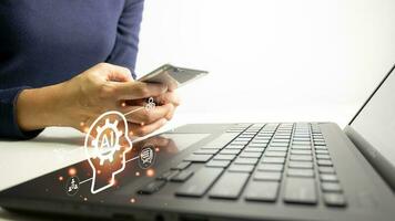 AI technology, Artificial Intelligence, Chatbot Chat and talk with AI, Using laptop for search and find data by command prompt, robot learning machine create or generate picture or article auto photo