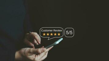 Satisfied customer experience concept, happy business customer using smartphone, the best review, High quality service, Most rated, the highest score, 5 stars, Social media very good. photo