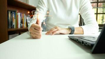 Person touching screen to fingerprint scanner, security access information, big data management concept, Internet of things, cloud computing, internet connection, shopping online and cashless society. photo