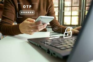 Verification of information with finger print by smart phone, Internet security, online financial transaction, 2-step verification, confirm transaction and identity. photo