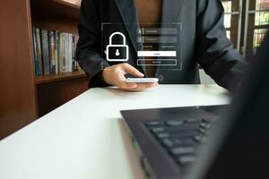 Verification of information with finger print by smart phone, Internet security, online financial transaction, 2-step verification, confirm transaction and identity. photo