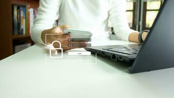 Verification of information with finger print by smart phone, Internet security, online financial transaction, 2-step verification, confirm transaction and identity. photo