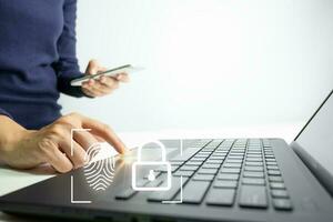 Verification of information with finger print by smart phone, Internet security, online financial transaction, 2-step verification, confirm transaction and identity. photo
