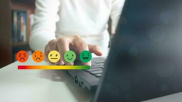 Customer satisfaction assessment, improve service to excellent standard, impressed with the best care, choose smile icon, highest rating and score, good feedback from user photo