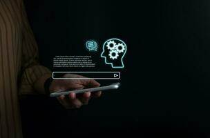 AI technology, Artificial Intelligence, Chatbot Chat and talk with AI, Using for search and find data by command prompt, robot learning machine create or generate picture or article auto photo