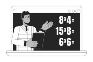 matemáticas en línea lección en ordenador portátil plano línea negro blanco vector personaje. editable contorno medio cuerpo de hombre explica matemáticas en blanco. educación personaje sencillo dibujos animados Mancha ilustración para web gráfico