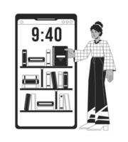 Online library bw concept vector spot illustration. Student takes book from shelf 2D cartoon flat line monochromatic character for web UI designimage